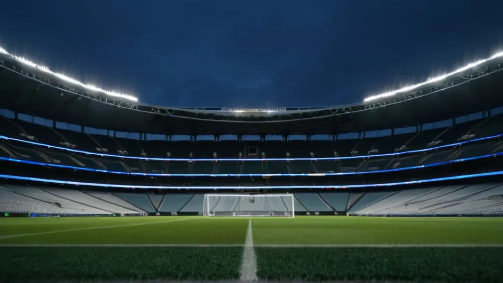 Величний порожній футбольний стадіон на заході сонця