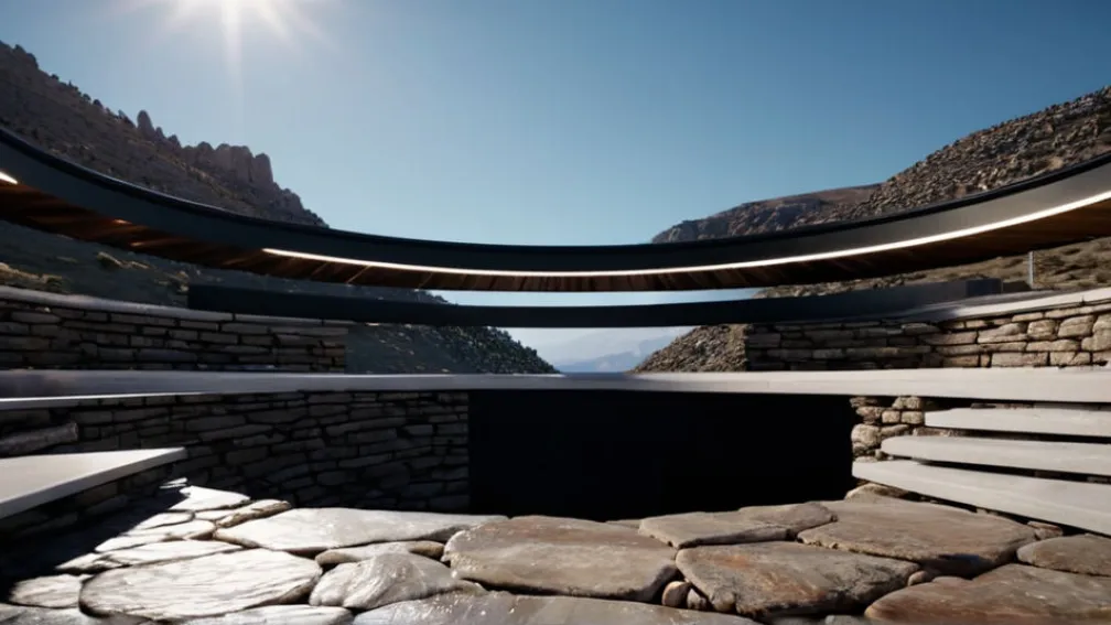 Архітектурний пейзаж, переосмислений: сучасна горизонтальна платформа, інтегрована в скелясту гору, з великим круглим отвором до неба.