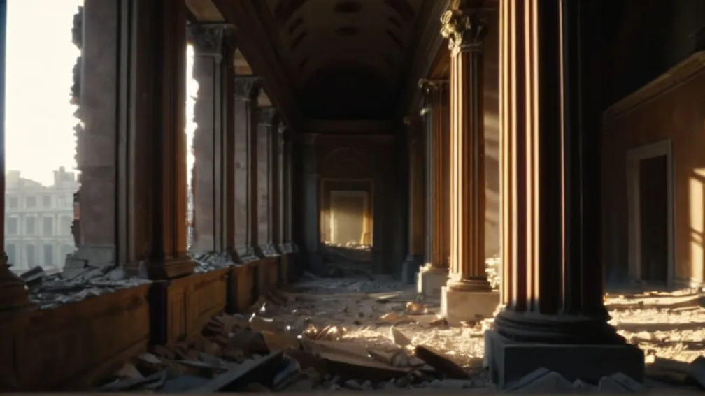 Руйнівний фасад старої, величнї будівлі, частини якої розсипаються на пил, оголюючи порожнечу позаду.