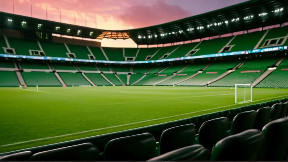 Фотореалістичний широкий план інтер'єру футбольного стадіону, порожні сидіння, соковитий зелений газон під драматичним кінематографічним освітленням під час заходу сонця. Без гравців, без емблем команд або прапорів. 8k, гіперреалістично.