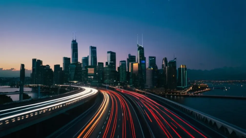 Панорамний вид жвавого міського пейзажу в сутінках