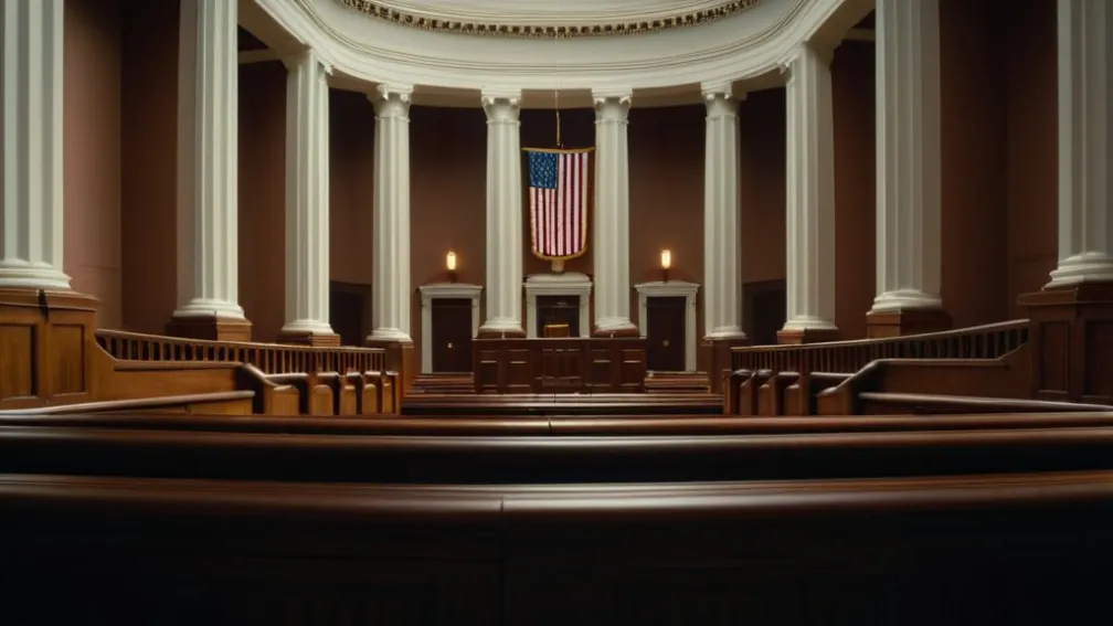 Фотореалістичне зображення величного інтер'єру суду, з акцентом на архітектурні деталі та світло, без присутності людей. Кінематографічне освітлення, 8k, гіперреалізм.