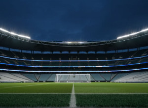 Величний порожній футбольний стадіон на заході сонця