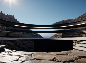 Архітектурний пейзаж, переосмислений: сучасна горизонтальна платформа, інтегрована в скелясту гору, з великим круглим отвором до неба.