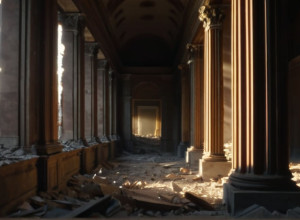 Руйнівний фасад старої, величнї будівлі, частини якої розсипаються на пил, оголюючи порожнечу позаду.