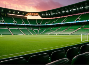 Фотореалістичний широкий план інтер'єру футбольного стадіону, порожні сидіння, соковитий зелений газон під драматичним кінематографічним освітленням під час заходу сонця. Без гравців, без емблем команд або прапорів. 8k, гіперреалістично.