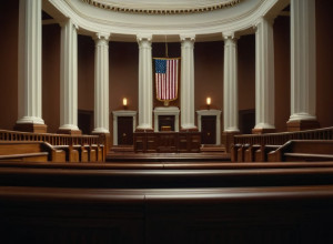 Фотореалістичне зображення величного інтер'єру суду, з акцентом на архітектурні деталі та світло, без присутності людей. Кінематографічне освітлення, 8k, гіперреалізм.