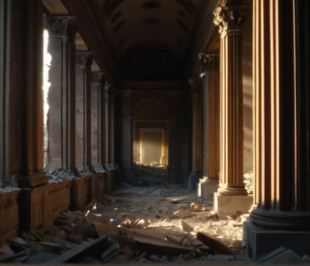 Руйнівний фасад старої, величнї будівлі, частини якої розсипаються на пил, оголюючи порожнечу позаду.